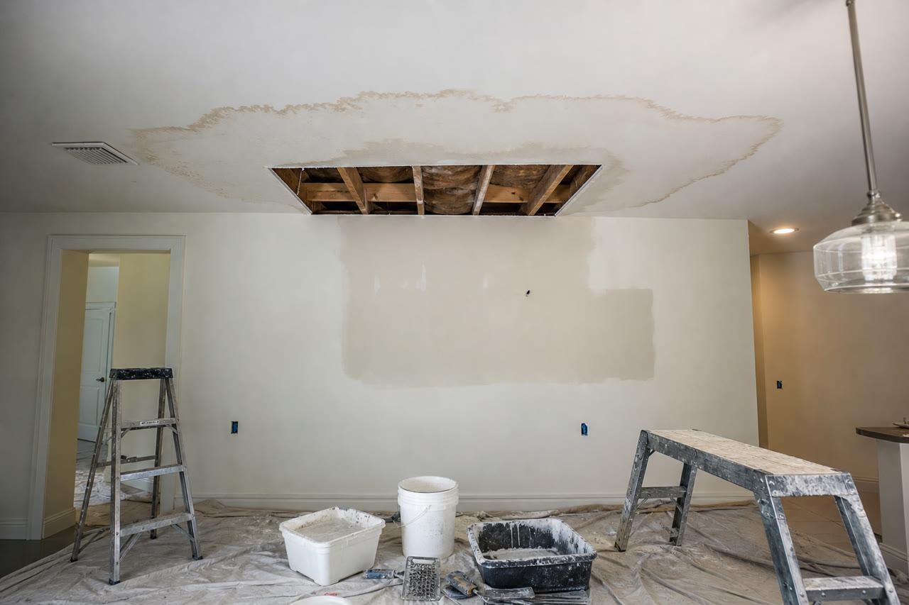 Ceiling drywall water damage repair prep in a Brevard County home